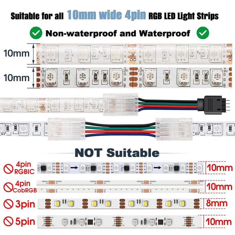 Gxilee وصلة تحكم شريط بعرض 10 مم، 10 عبوات موصلات إضاءة شريط LED 4 دبابيس بدون لحام لشريط LED RGB 10 مم 4 دبابيس 2835 5050 - Image 4